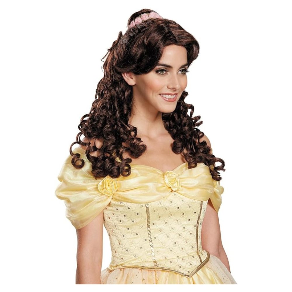 Disney Brown Curly Belle-Inspired Wig with Pink Accent